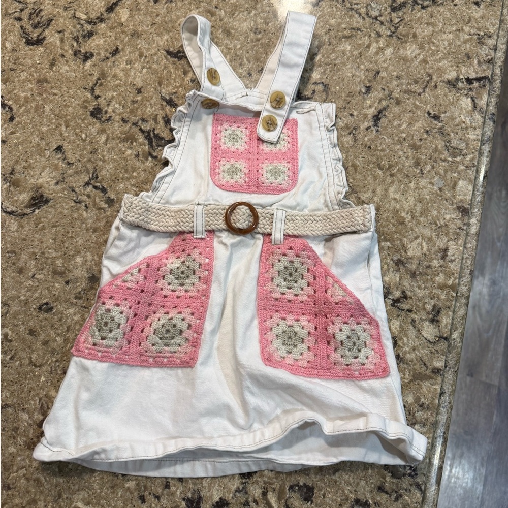 White and Pink Crochet Pocket Dress